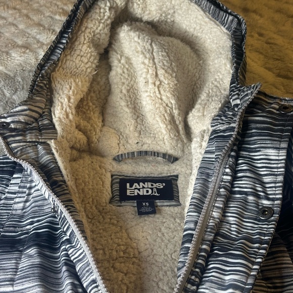 Lands' End Kids Striped Puffer Jacket - Black and Gray - Picture 2 of 10